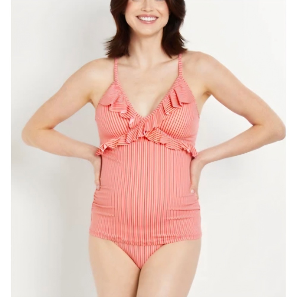 Motherhood Maternity Tankini Swimsuit Set Orange/Pink Stripe UPF 50+ Large